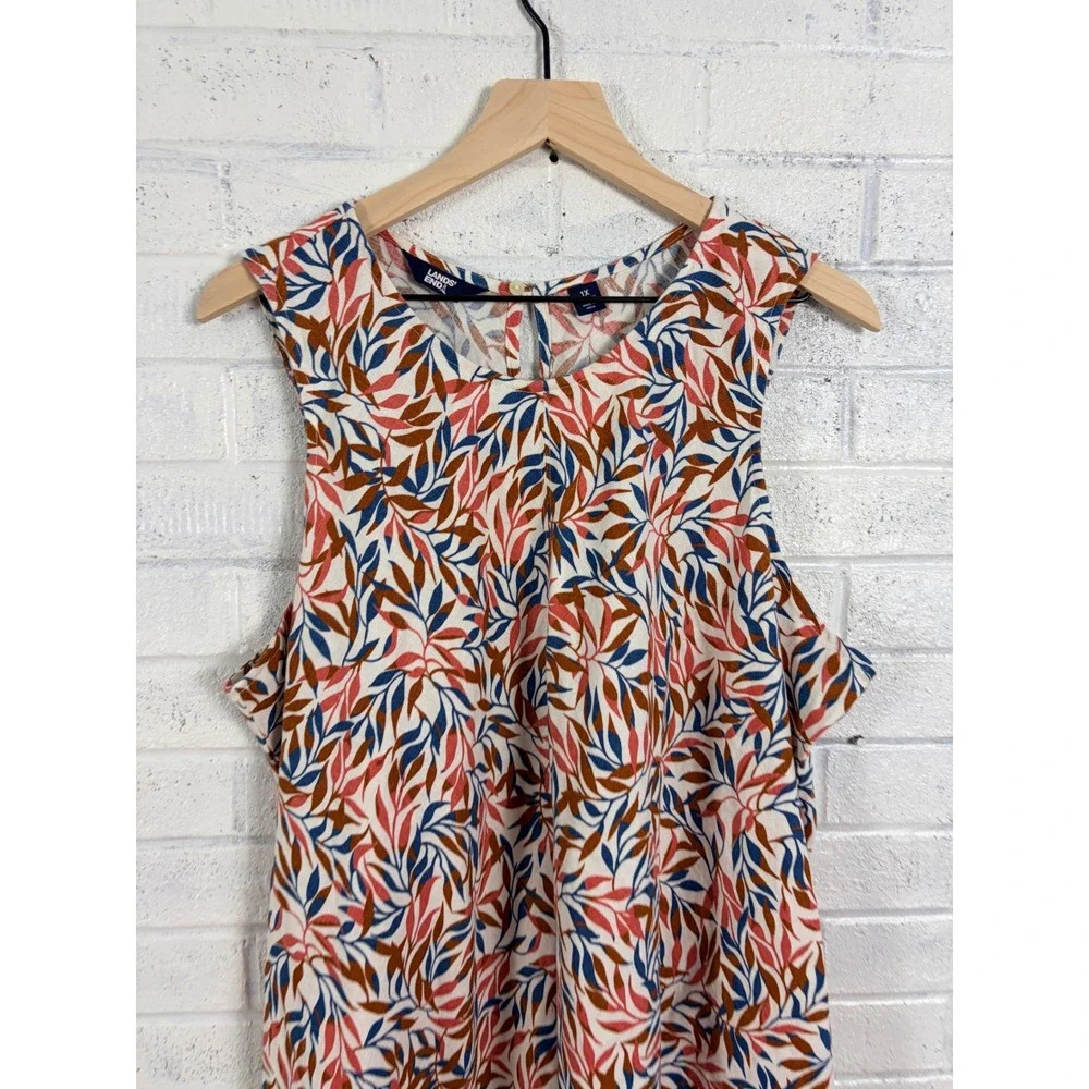 Lands End Linen Shift Dress Womens 1X Multi Color Leaf Print Sleeveless Pockets